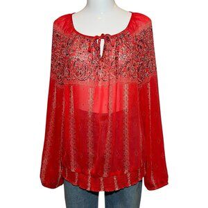 LUCKY BRAND  Women Top BLOUSE Size Large KEYHOLE NECK RED SEMI SHEER Peasant
